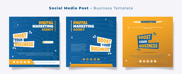 Social media post template with abstract waving background in blue and yellow for advertising design