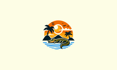 Crocodiles are sunbathing on the beach vector logo design