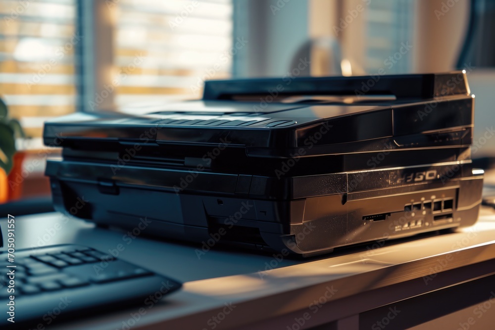 Aufkleber A printer is positioned on top of a desk next to a keyboard. This image can be used to represent a home office or workplace setup
