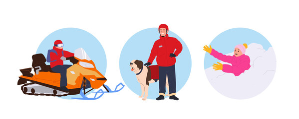Isolated round icon composition set with brave winter rescuer man and skier victim characters