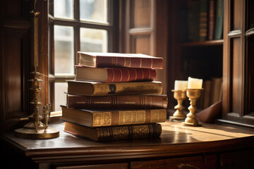 Stack of antique old books on wooden desk next to the window