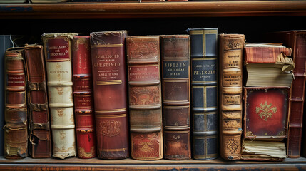 Shelf of old, worn books with visible titles on their spines. The books are tightly packed and have intricate designs and golden lettering. Some of them have visible damage or wear.