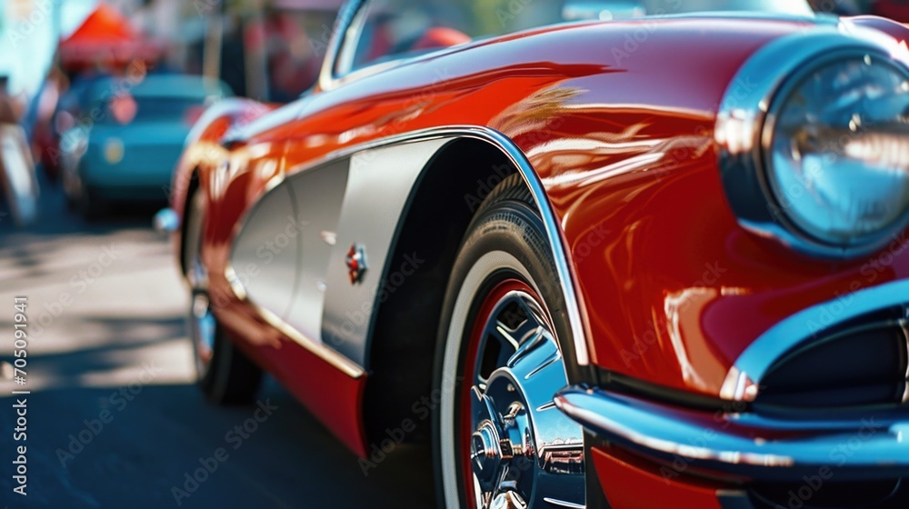 Poster a close up view of a red and black car. suitable for automotive and transportation themes