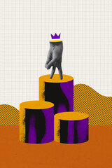 Collage 3d image of pinup pop retro sketch of hand walking gesture crown winner stand pedestal...