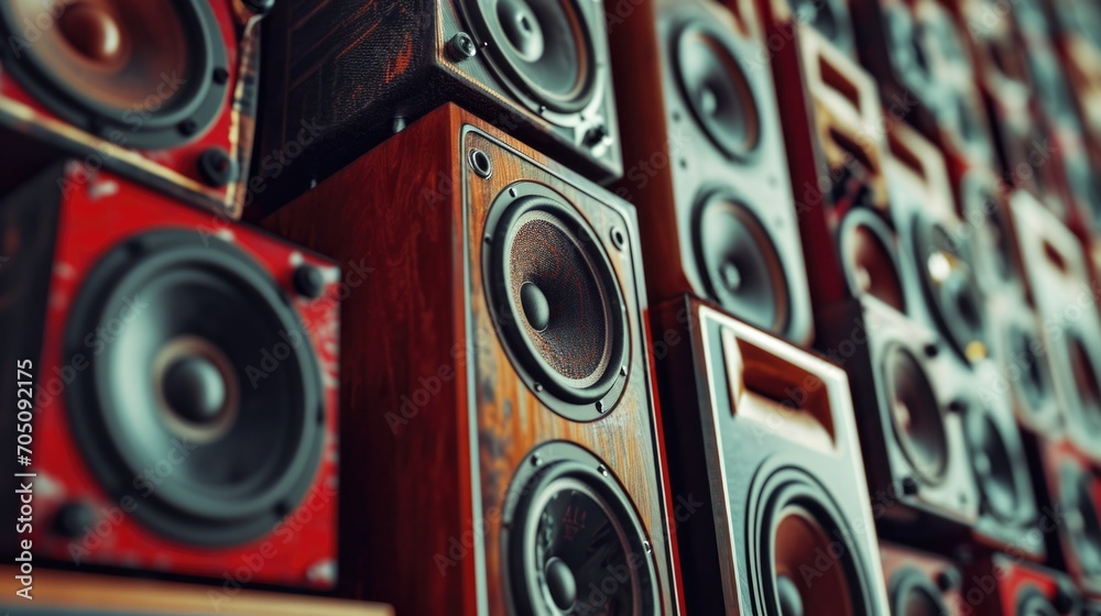 Poster A compact and straightforward image featuring a bunch of speakers stacked on top of each other. Perfect for illustrating an audio setup or music equipment.