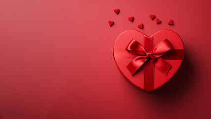 Top view of heart shape gift box with little heart decoration on red background. Template for sale banner, surprise poster and brochure. Celebrate valentine's day, anniversary wedding. Generative ai. - obrazy, fototapety, plakaty