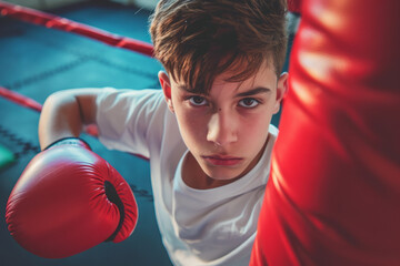 Handsome teenage boy wearing red boxing gloves looking at camera in boxing ring. Sport competition, motivation, discipline, self-control, personal development - obrazy, fototapety, plakaty