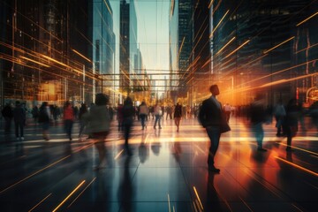 People walking in a downtown city during night. Motion blur image with blurred background