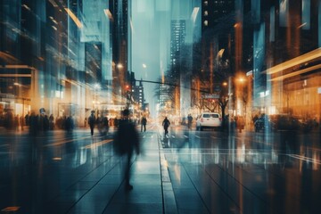 People walking in a downtown city during night. Motion blur image with blurred background - Powered by Adobe