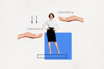 Horizontal minimal collage of young business woman office worker look for vacancy big hand hold...