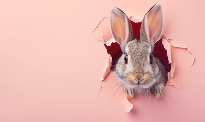 cute bunny peeking through torn peach paper