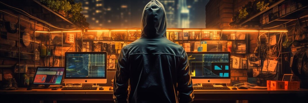 Securing Against Log4J Vulnerability. Hacker Coding in Server Room Exposes Cybersecurity Risks - Powered by Adobe