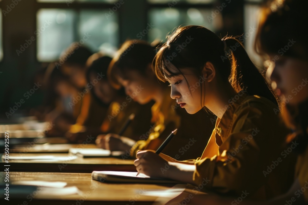 Aufkleber a group of people sitting at a table engaged in writing. this image can be used to depict teamwork, 