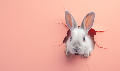 cute bunny peeking through torn peach paper - obrazy, fototapety, plakaty
