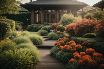 Obraz premium Luxurious landscaping in the home garden with various flowers, plants, shrubs, trees and a wooden path. The front yard of the house, Landscape, landscaping in spring and summer.