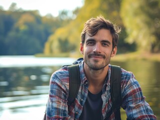Handsome happy male fisherman near the lake