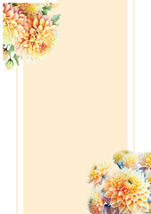 Vertical card template with watercolor yellow flowers and golden frame