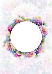 Vertical card template with watercolor purple flowers and golden round frame