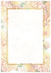 Vertical card template with watercolor yellow flowers and golden rectangular frame