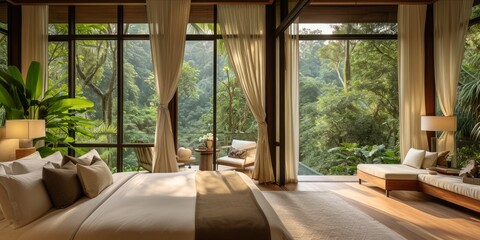 Fototapeta premium A cozy bedroom with large windows offering a view of the lush jungle outside.