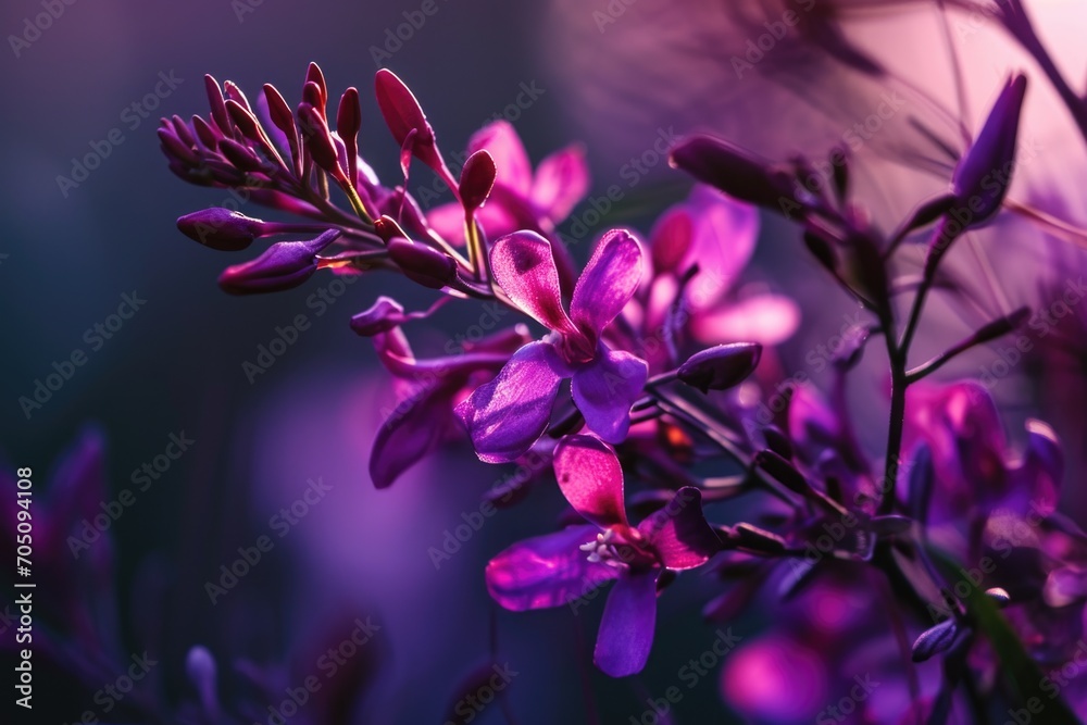 Poster a detailed view of a plant featuring vibrant purple flowers. perfect for adding a touch of color and