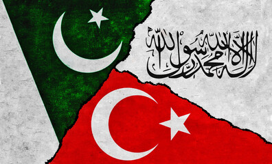 Flags of Taliban, Turkey and Pakistan on a wall. Afghanistan Pakistan Turkey alliance