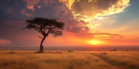 A majestic African savanna landscape at sunset with a dramatic sky.