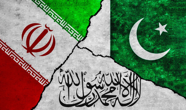 Pakistan, Iran and Taliban painted flags on a wall with a crack. Iran, Pakistan and Taliban relations