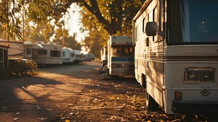 Obraz premium A collection of recreational vehicles parked in a designated parking area. Suitable for travel, camping, or outdoor lifestyle themes