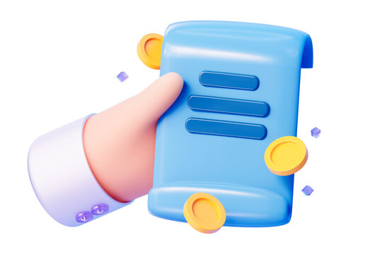 A 3D hand holds a payment receipt with coins. The concept of the receipt invoice payment transaction.