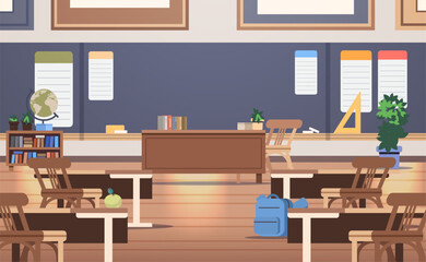 Empty cartoon classroom interior front view. Modern school cabinet for lesson and education. Flat vector illustration