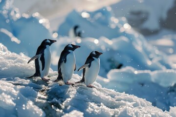 Penguins standing together on snow covered ground. Suitable for winter-themed designs and wildlife illustrations