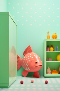 an interior scene of a funny kid room, with big dotty fish, green and red furniture home decor