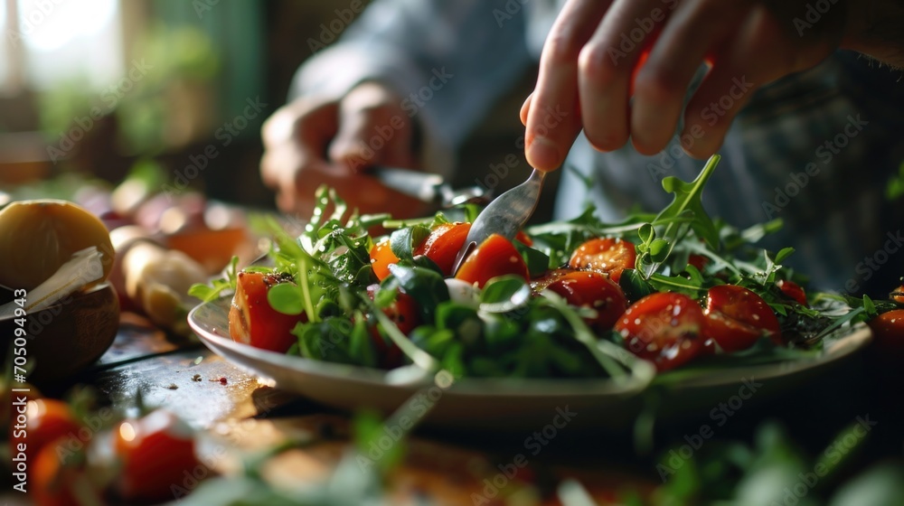 Aufkleber a person is seen eating a salad with a fork. this image can be used to depict healthy eating habits 