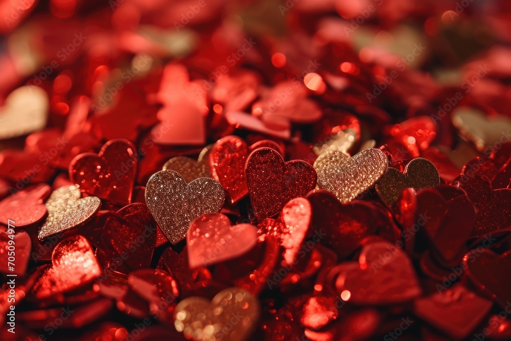 Poster a vibrant pile of heart shaped confetti in red and gold. perfect for adding a touch of celebration a
