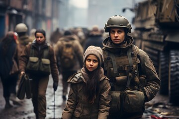 Fototapeta premium Young soldier helping civilians to evacuate from city war zone