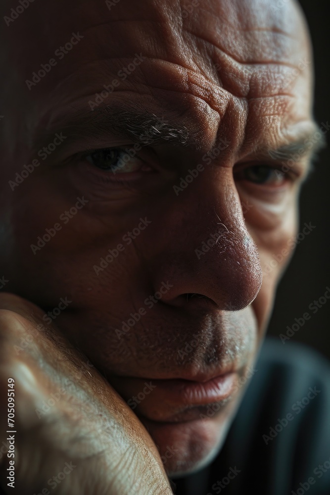 Aufkleber A close-up view of a man's face with his hand resting on his chin. This image captures a moment of deep thought and contemplation. Perfect for expressing introspection and decision-making.