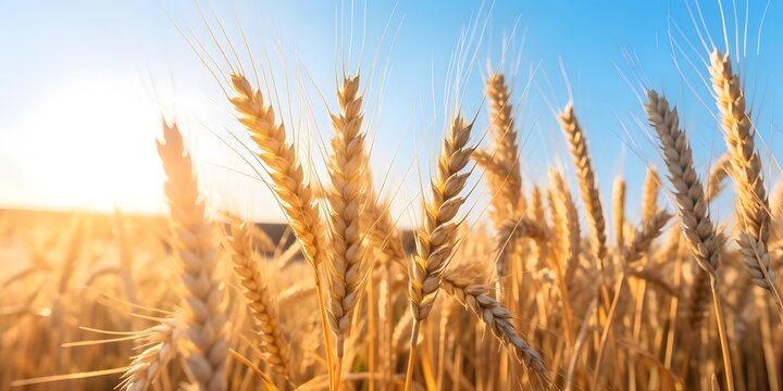 evening sun is shining on blurred harvested wheat field with straw bales, wheat ears in foreground, idyllic nature thanksgiving concept with copy space 