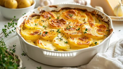 Au Gratin Dauphinois, Potatoes baked in a baking dish with butter and cream, authentic recipe, close-up.