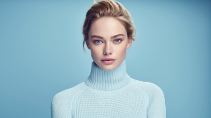 Portrait of a young beautiful lady in light blue color knitwear sweater and blue eyes looking at the camera - obrazy, fototapety, plakaty