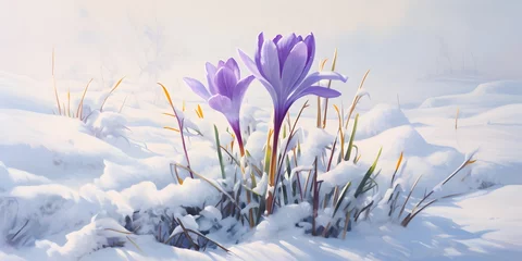Fotobehang spring awakening crocus in the snow © Ziyan Yang