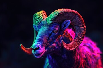 Obraz premium Portrait of Ram in neon colors, dark background