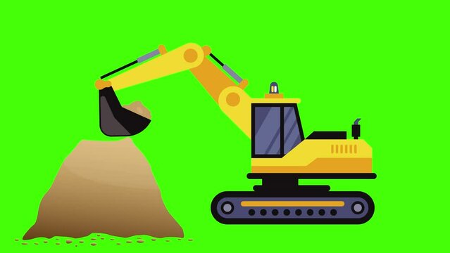 industrial machine, moves sand, in the building  industry, green screen flat animation
