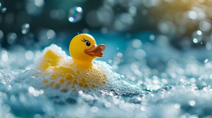 Rubber Duck Floating in Pool of Water, Playful and Relaxing Bath Toy