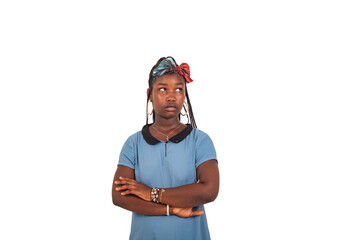 portrait of a beautiful young girl looking up there.