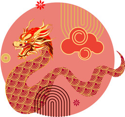 PNG composition of cute cartoon elements on the theme "Chinese New Year". Digital illustration in flat style in red and yellow colors.