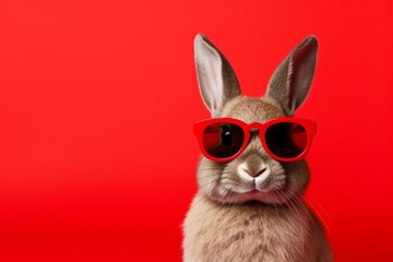 Happy Easter. Cute Easter bunny with red sunglasses and suit on the red background