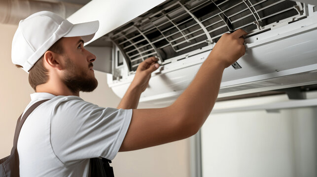 Man installing an air conditioner in a house
