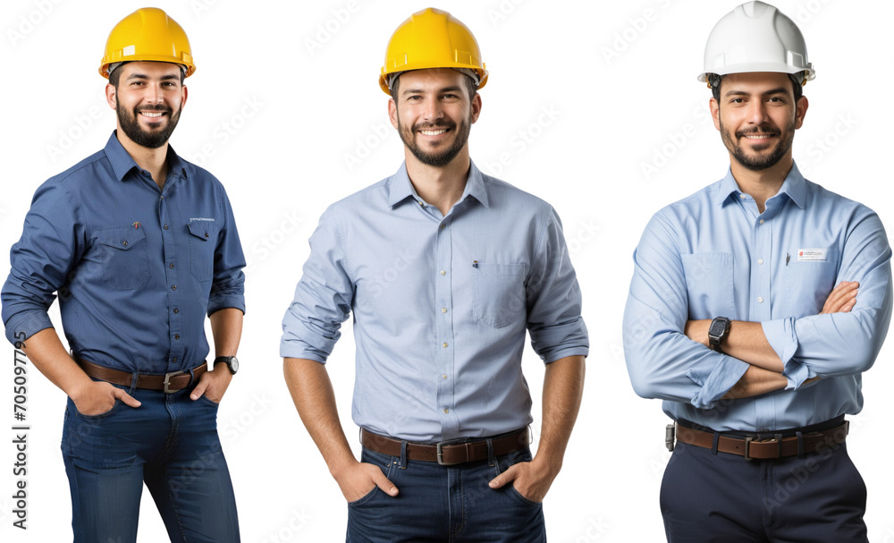 Wall mural photo of an engineer with white and yellow safety helmet, Worker in uniform isolated on transparent background