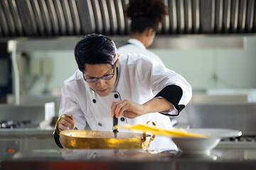 portrait asian thai male chef. Cooking class. culinary classroom. cooking school. cooking lessons...